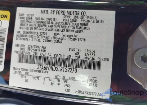 2020 Ford Fusion Se from USA, damaged, VIN 3FA6P0HD2LR122270
